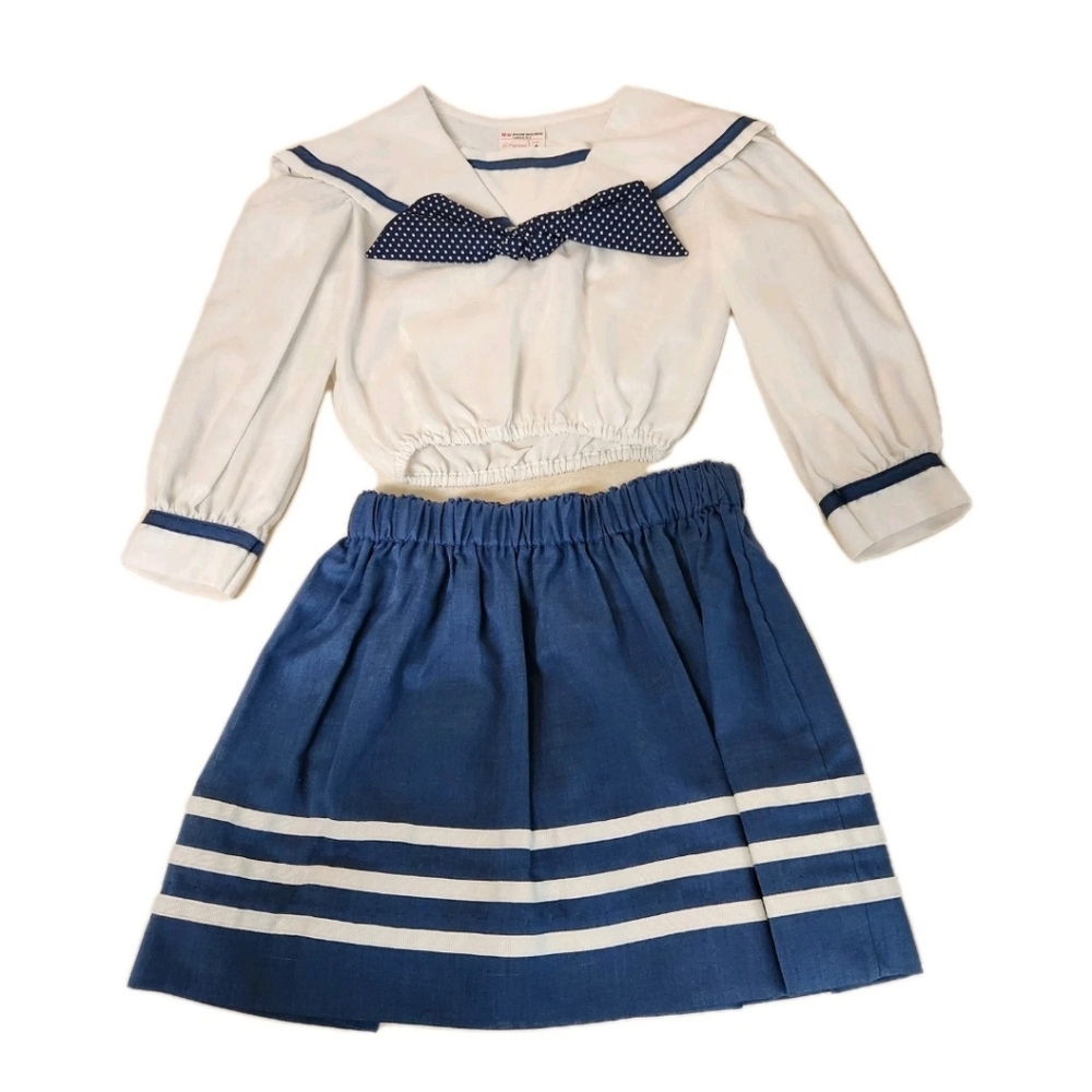 Vtg Size 4 Girls Navy Sailor 2 Pc Skirt/Top Nautical Blue/White JC Penney